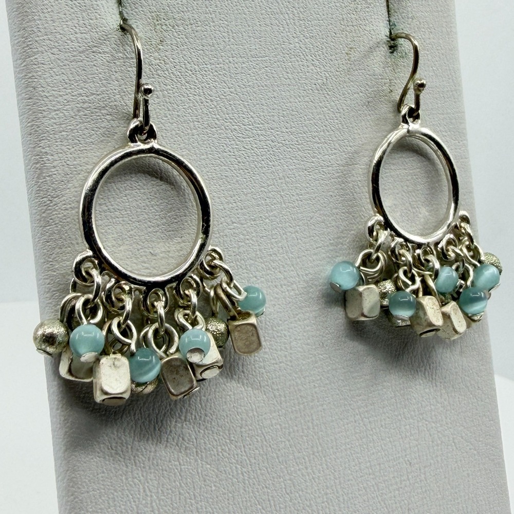 Boho Statement Charm Earrings Silver Tone Blue Bead Dangle Festival Style Gift